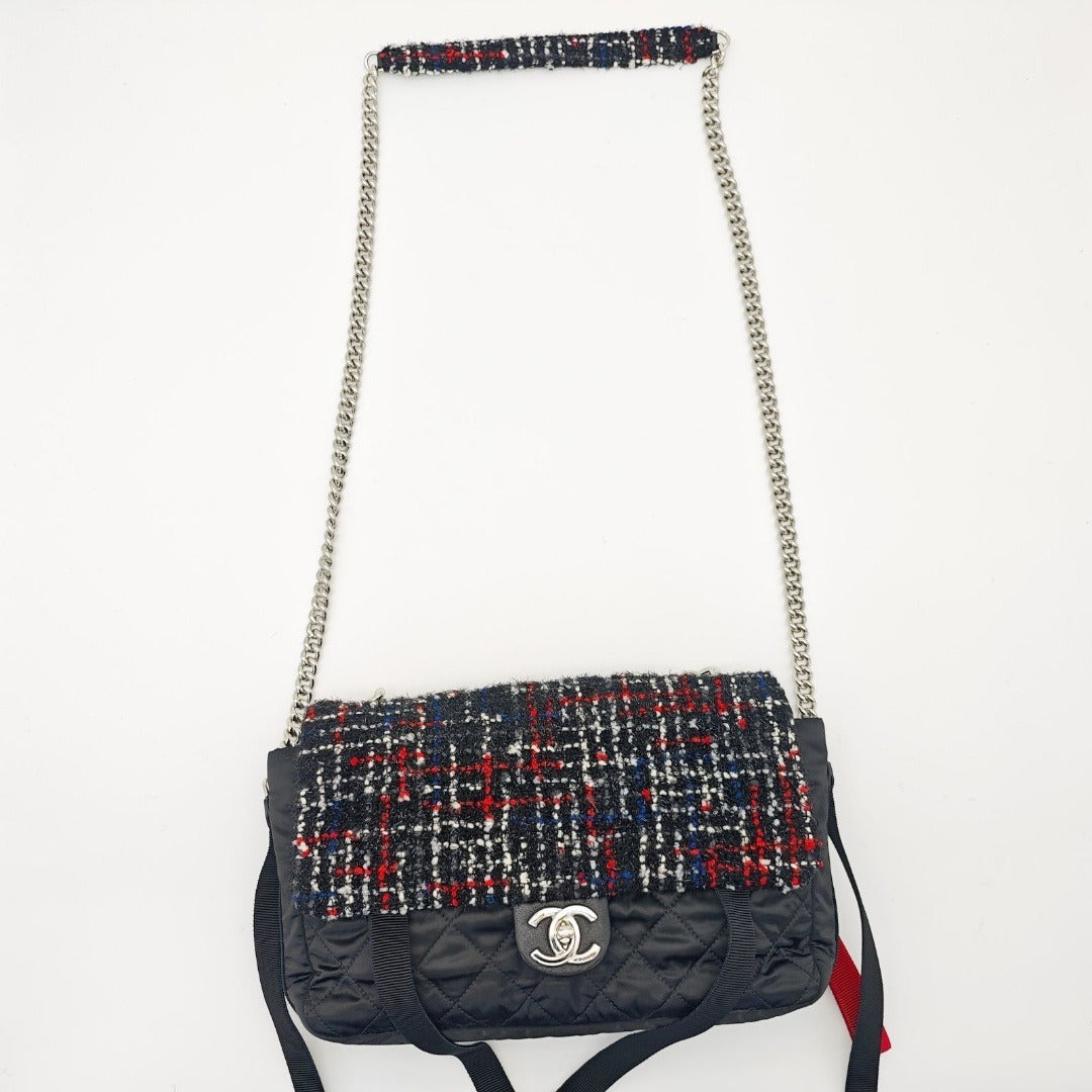 CHANEL ツイード ナイロン チェーンショルダー マトラッセ ハンドバッグ