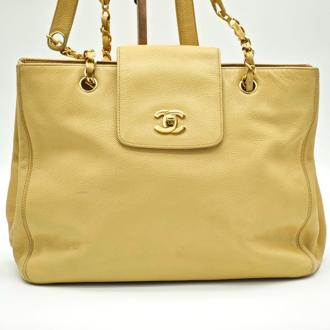 CHANEL シャネル ターンロック チェーントートバッグ ベージュ レディース