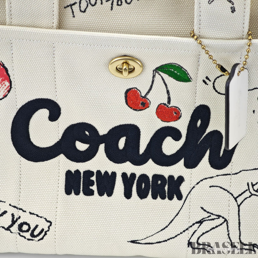 COACH コーチ カーゴトートバッグ スケッチプリント バッグ 2way ショルダーバッグ ハンドバッグ 刺繍 ファンシー 可愛い ホワイト レディース 保存袋 ショルダーストラップ