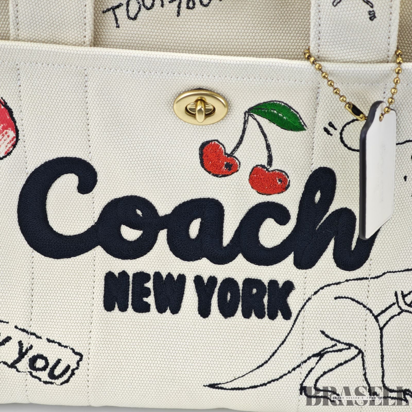 COACH コーチ カーゴトートバッグ スケッチプリント バッグ 2way ショルダーバッグ ハンドバッグ 刺繍 ファンシー 可愛い ホワイト レディース 保存袋 ショルダーストラップ