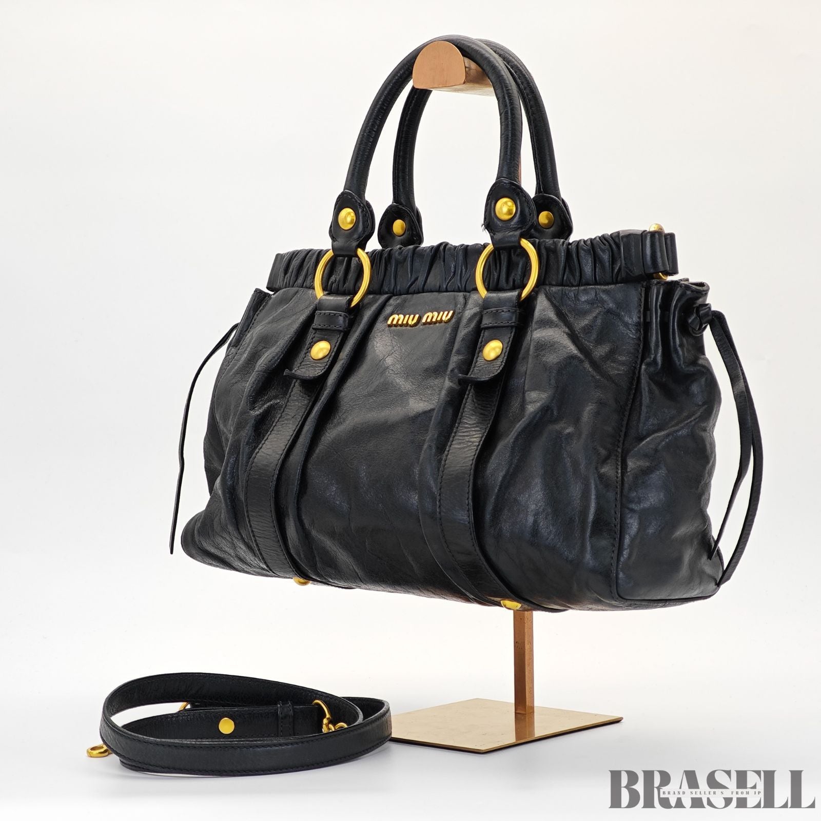 miu miu ミュウミュウ ギャザー ハンドバッグ RT0383 バッグ ショルダーバッグ 2way ブラック レディース ショルダーストラップ