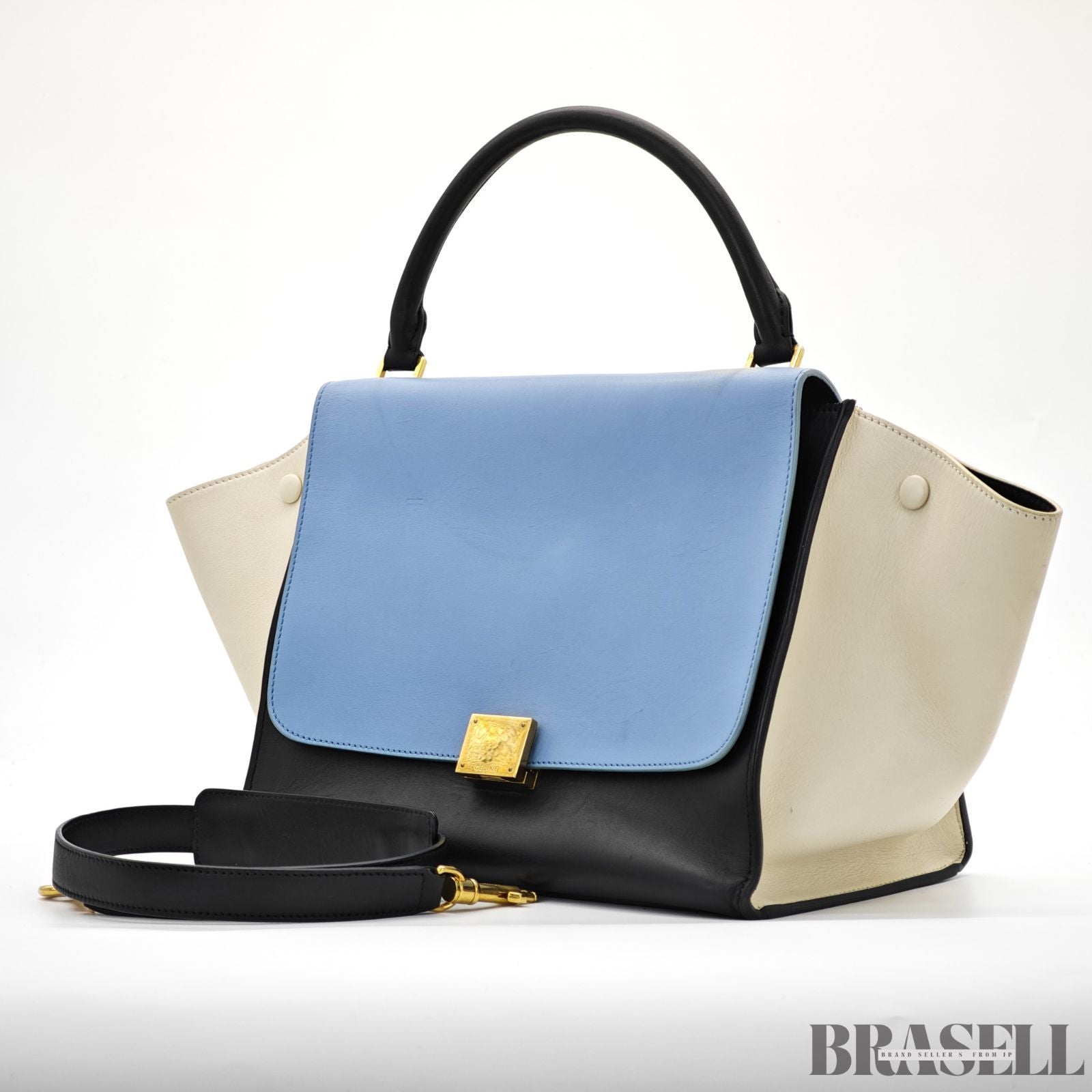 CELINE セリーヌトラペーズ スモール 2WAY ハンドバッグ ショルダーバッグ ブラック ライトブルー アイボリー 水色 レディース