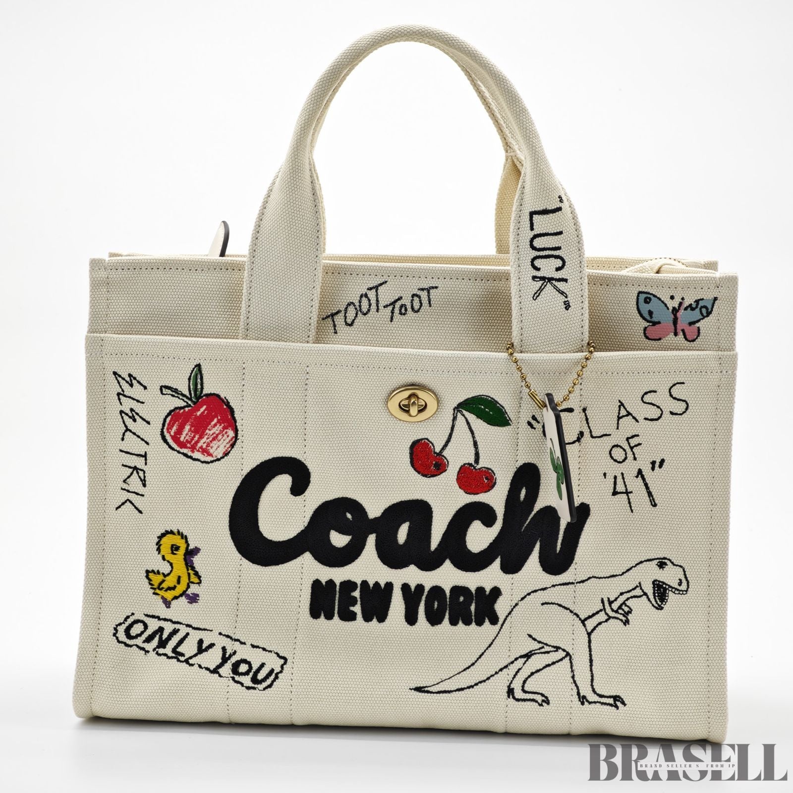 COACH コーチ カーゴトートバッグ スケッチプリント バッグ 2way ショルダーバッグ ハンドバッグ 刺繍 ファンシー 可愛い ホワイト レディース 保存袋 ショルダーストラップ