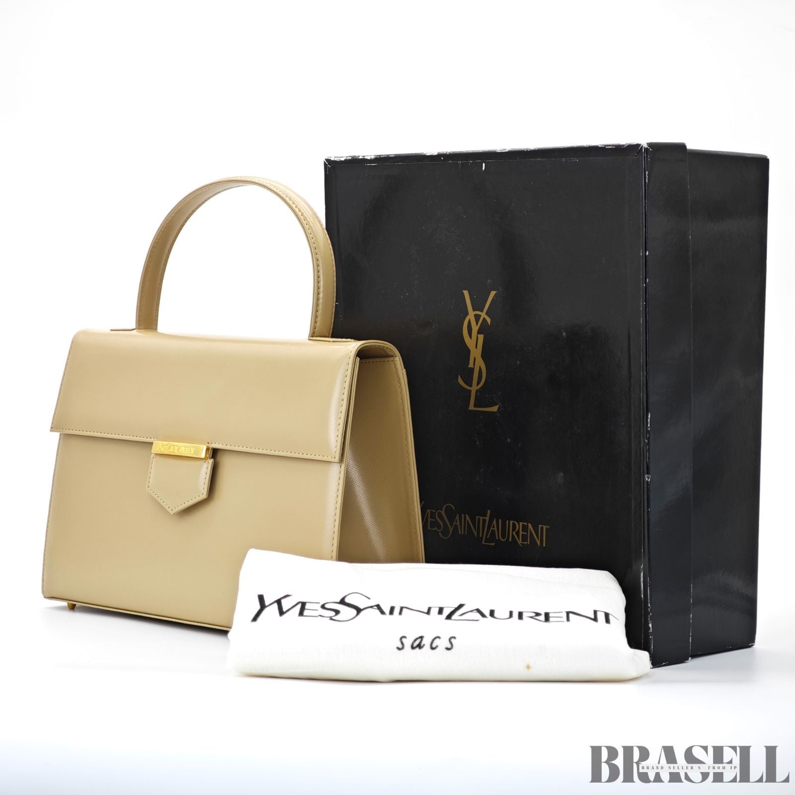 Yves Saint Laurent  イヴ・サンローラン ヴィンテージ ケリー型 トップハンドルバッグ ロゴ金具  バッグ ハンドバッグ フラップ ベージュ レディース メンズ 箱 保存袋