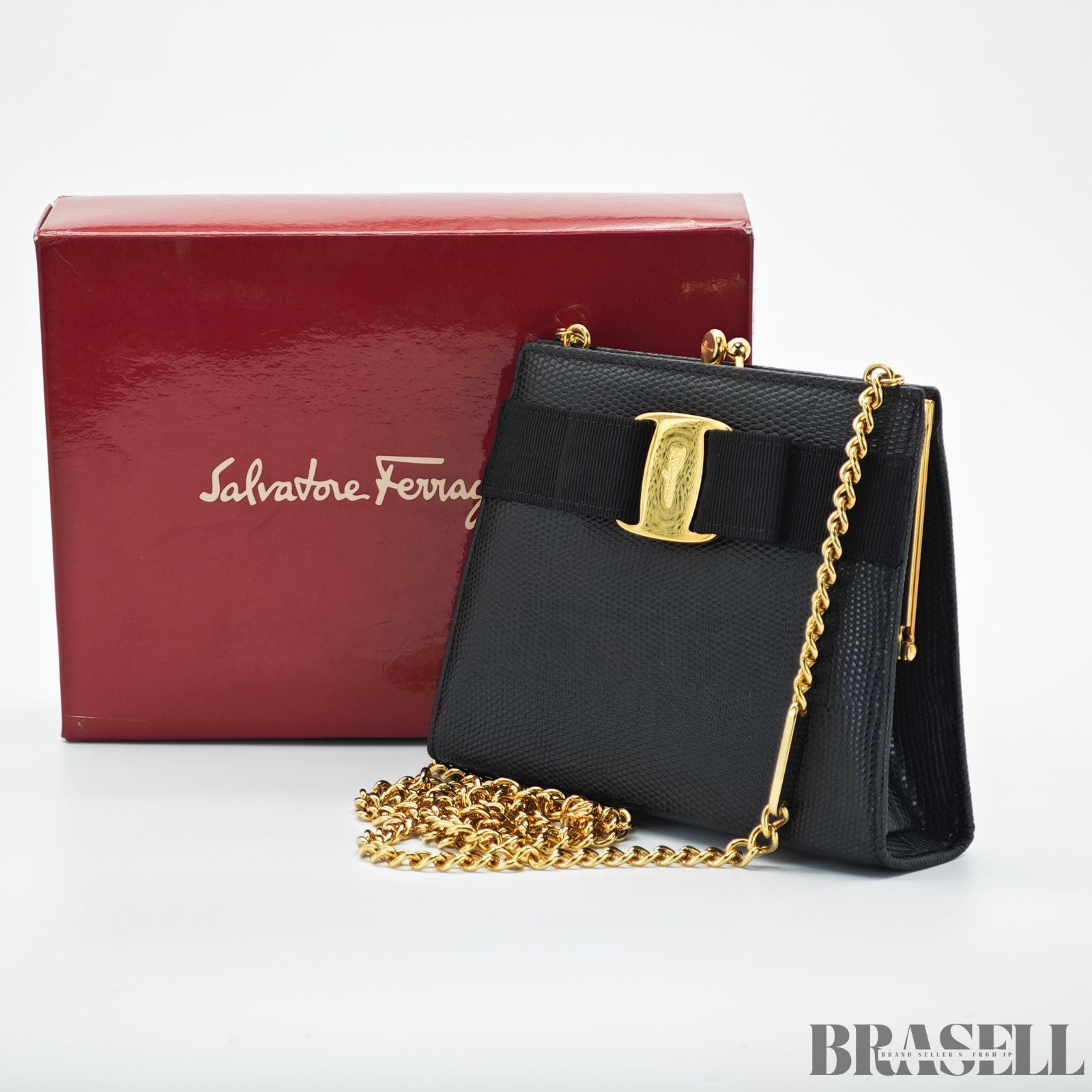 Salvatore Ferragamo サルバトーレ・フェラガモ ヴァラ リボン 22-3054 バッグ ショルダーバッグ 型押し コンパクト ブラック レディース 箱