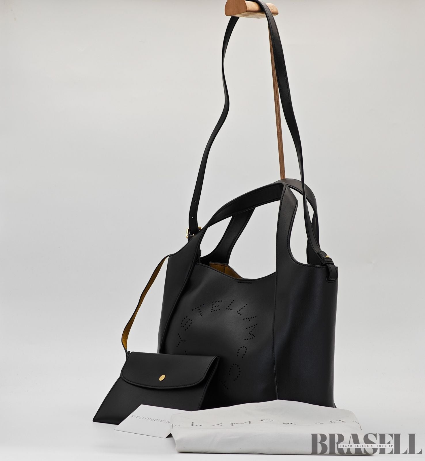 Stella McCartney ステラマッカートニー レザートートバッグ 513860W9923 バッグ ハンドバッグ ショルダーバッグ 2way ポーチ付き ブラック レディース 保存袋, ショルダーストラップ