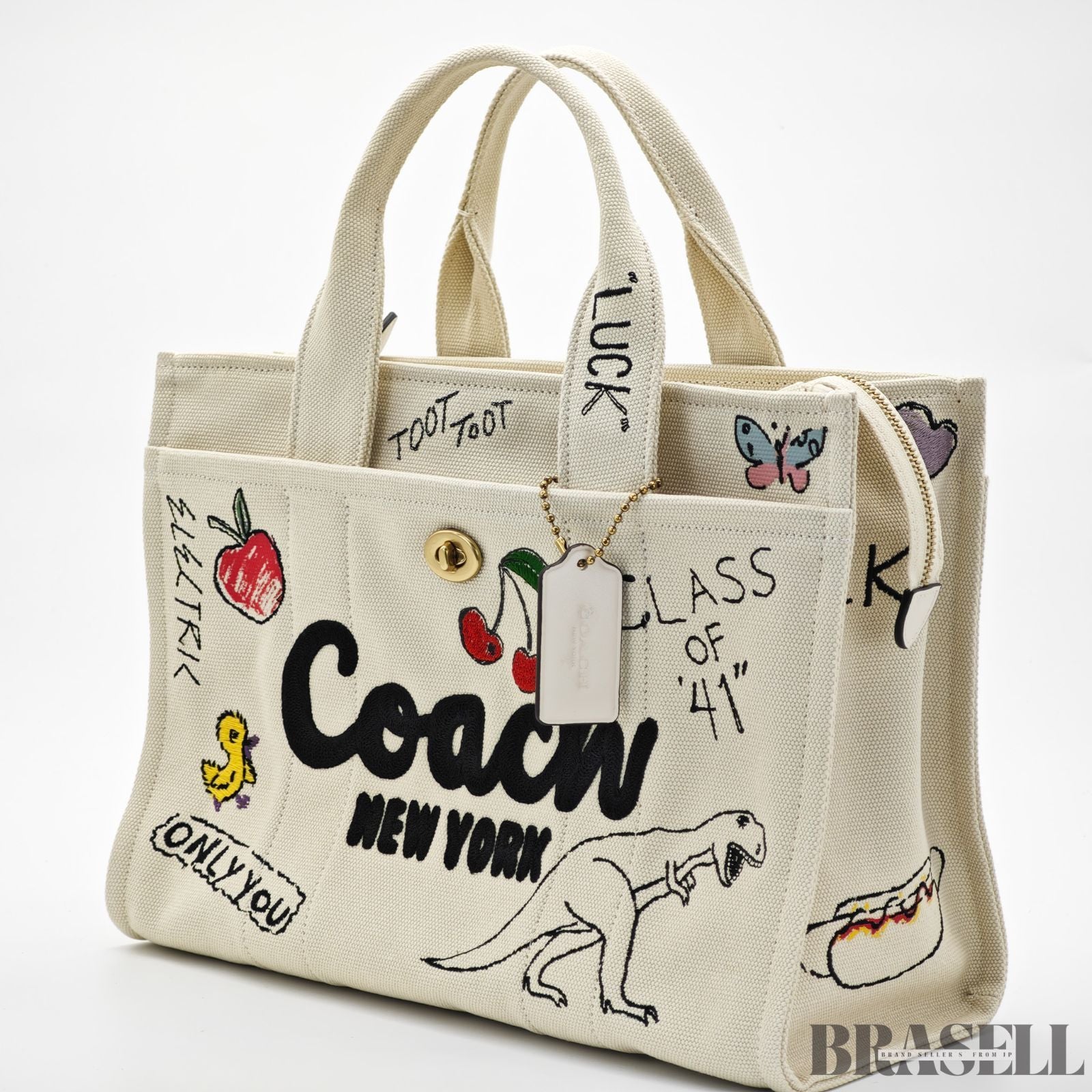 COACH コーチ カーゴトートバッグ スケッチプリント バッグ 2way ショルダーバッグ ハンドバッグ 刺繍 ファンシー 可愛い ホワイト レディース 保存袋 ショルダーストラップ