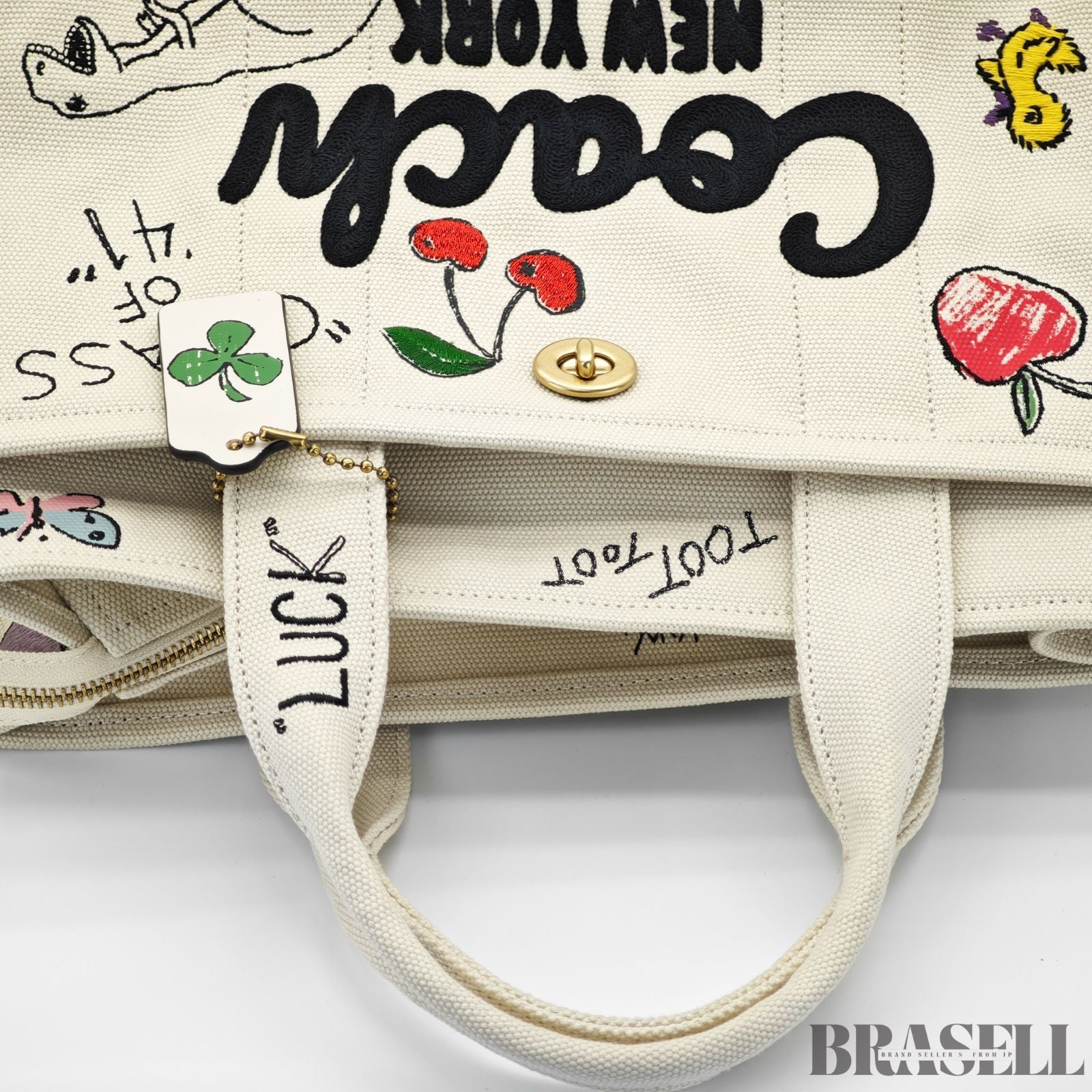 COACH コーチ カーゴトートバッグ スケッチプリント バッグ 2way ショルダーバッグ ハンドバッグ 刺繍 ファンシー 可愛い ホワイト レディース 保存袋 ショルダーストラップ