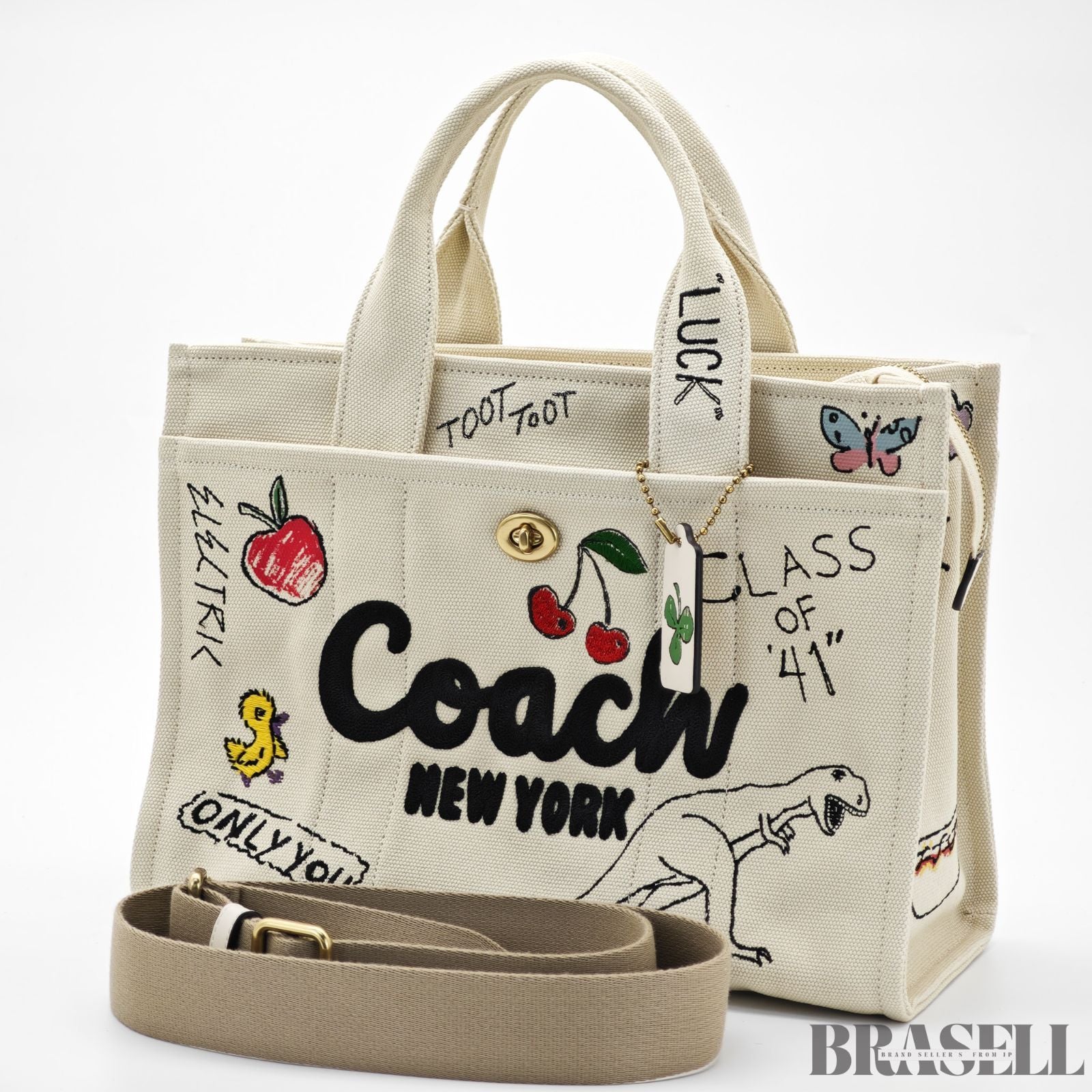 COACH コーチ カーゴトートバッグ スケッチプリント バッグ 2way ショルダーバッグ ハンドバッグ 刺繍 ファンシー 可愛い ホワイト レディース 保存袋 ショルダーストラップ